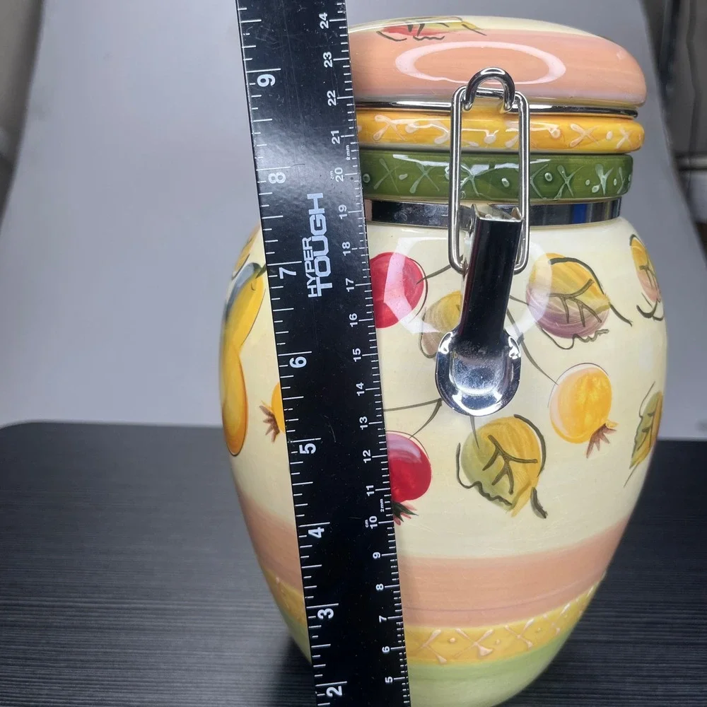Gibson Everyday Kitchen Canister Hand Painted Fruit Ceramic Metal Clamp Lid 9in